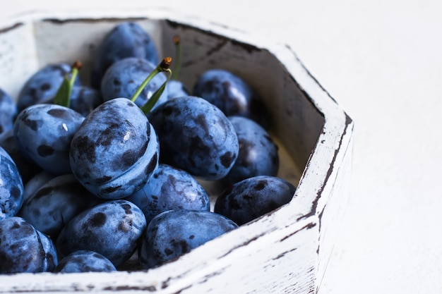 Donkerblauwe pruim in wit dienblad op een witte close-up als achtergrond.