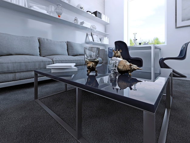 Donkerblauwe salontafel met decoratie in moderne gotische lounge. 3D render