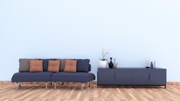 Donkerblauwe sova-combinatie van bruin kussen en tv-meubel in modern interieur van woonkamerdesign
