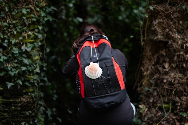 Donkerbruine pelgrimvrouw die de Camino de Santiago deed, hurkte neer en keek naar een grot vol planten