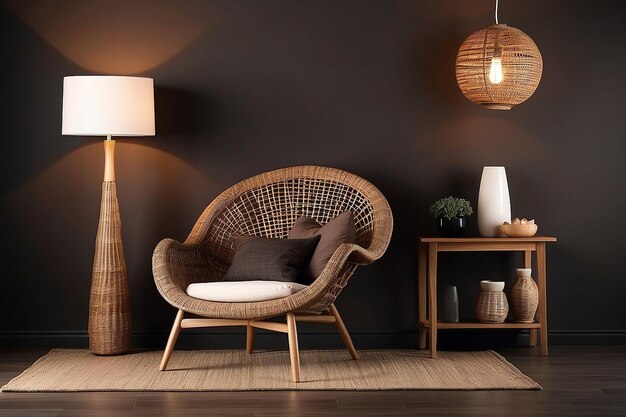 Donkerbruine woonkamer met wicker stoel lamp en vaas op donkere muur achtergrond