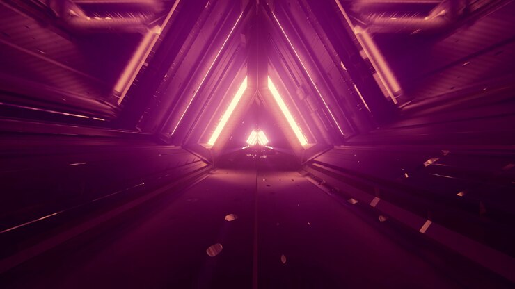 Donkere abstracte futuristische tunnel met symmetrisch geometrisch driehoeksontwerp en glanzende neonlichten in 4K UHD 3d illustratie