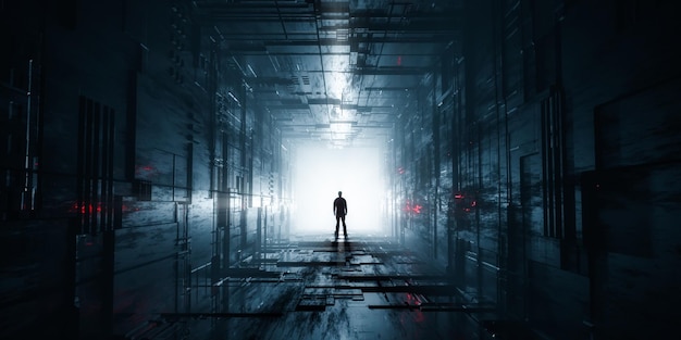 Donkere abstracte Sci Fi Square Tunnel achtergrond Man staande met gloeiende lichtstralen