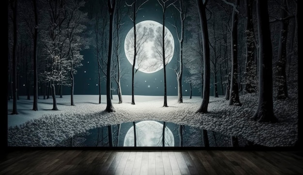 Donkere abstracte winter bos achtergrond Houten vloer sneeuw mist Donkere nacht achtergrond in het bos met maanlicht Nachtzicht Ai genereren