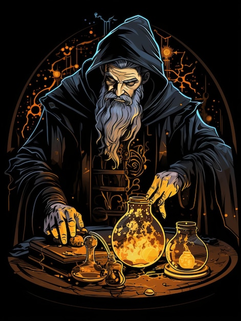 donkere alchemist illustratie t shirt ontwerp voor print ontwerp