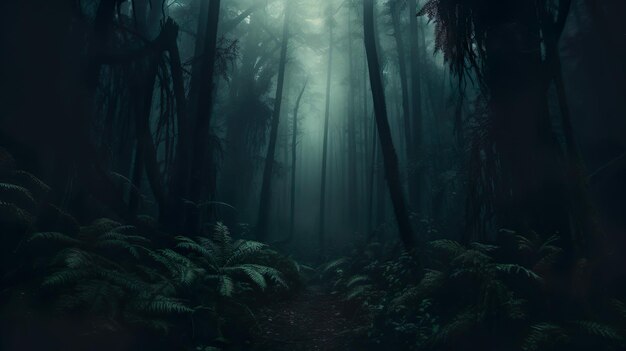 Foto donkere angstaanjagende bos scène subtiele cult-achtige mist met gedeeltelijk verborgen wendigos generatieve ai