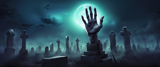 Donkere banier zombie hand stijgen uit het graf halloween ontwerp met zombie begraafplaats's nachts met
