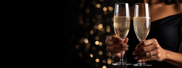 Donkere banner van feestelijke hand van vrouw met fluiten champagne op de achtergrond bokeh