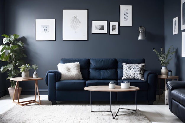 Donkere blauwe bank en leunstoel in een Scandinavisch appartement Interieurontwerp van een moderne woonkamer