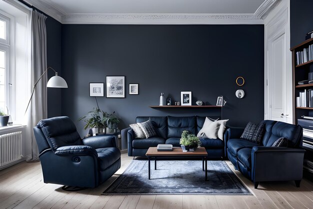 Donkere blauwe bank en leunstoel in een Scandinavisch appartement Interieurontwerp van een moderne woonkamer