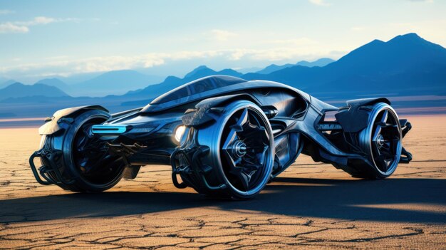 Donkere blauwe futuristische sportraces over het land van een buitenaardse planeet Futuristische concept van technologieën van andere werelden en beschavingen Buitenaardse auto's en technologie