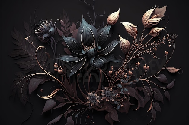 Donkere bloemrijke achtergrond Bloemen close-up AI gegenereerd