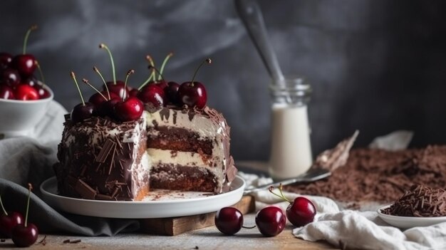 donkere chocolade en kersen dessert op houten achtergrond Generatieve AI