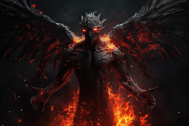 Donkere demon komt uit de vlammen zwarte vleugels verspreiden generatieve IA