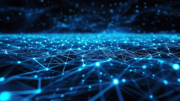 Donkere digitale gegevens achtergrond netwerk oppervlak met blauwe lichten en lijnen in abstracte cyberspace Concept van toekomstige veilige technologie verbinden tech polygonale raster