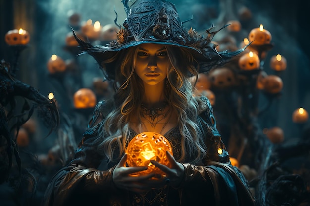 Donkere en mooie heks tovert op Halloween-nacht Sprookjes Halloween-magie