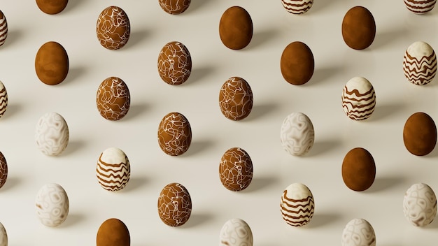 Donkere en witte chocolade-eieren gerangschikt in rijen gezien vanuit isometrische camera 3D-rendering