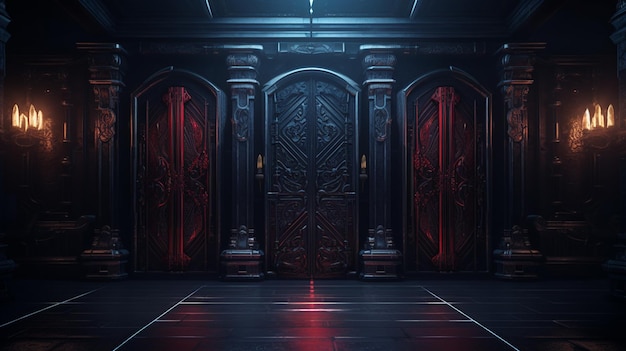 Donkere enge hal met grote deuren