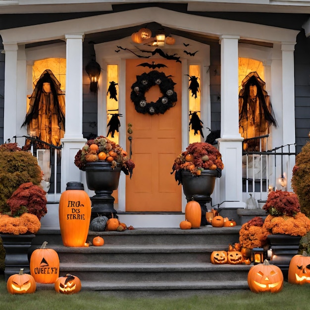 Donkere enge Halloween-ideeën voor buitenhuisdecoratie met oranje pompoenenskeletten en grafstenen