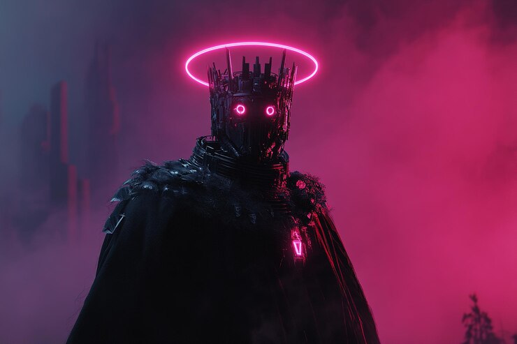 Foto donkere futuristische figuur robot helm gloeiende neon halo