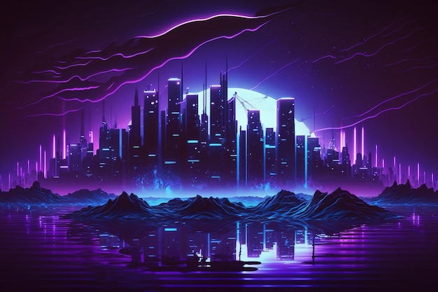 Donkere golven van neon met stadsfakkels aan de oppervlakte Stedelijke futuristische lichten werpen een blauwe gloed boven spatten van paars gloeiend water Glanzende glinstering met synthwave electro-effectreflecties