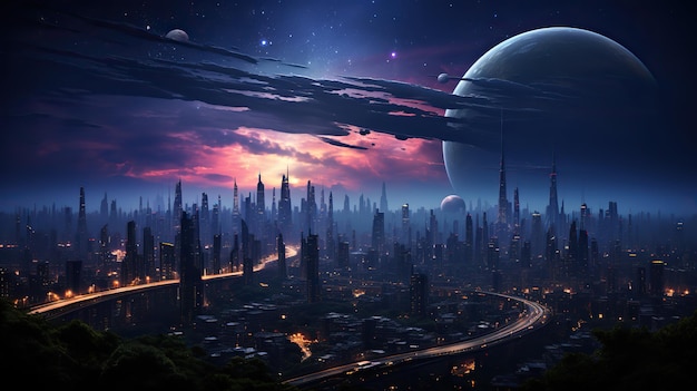 Donkere hemel en maan over een fictief stadsbeeld voor Urban Fantasy