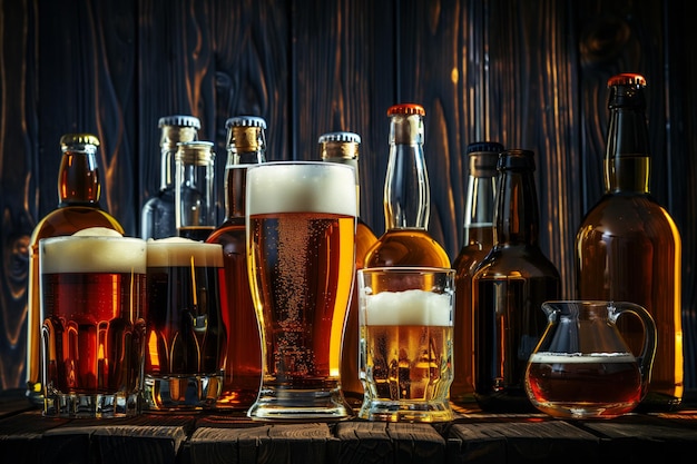 Foto donkere houten achtergrond met verschillende soorten alcoholflessen en glazen één glas gevuld met bier