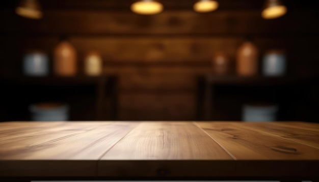 Donkere houten lege tafel voor productweergave met wazige woonkamerachtergrond Generatieve AI