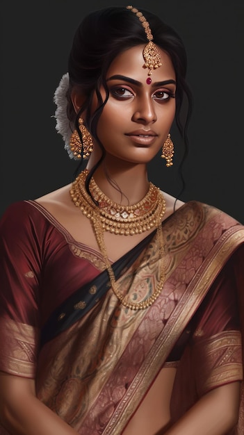 Donkere huid Mooie jonge Indiase vrouw in traditionele kleding generatieve AI