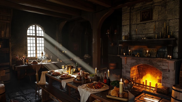 Donkere humeurige middeleeuwse taverne inn interieur met eten en drinken op tafels Generatieve Ai
