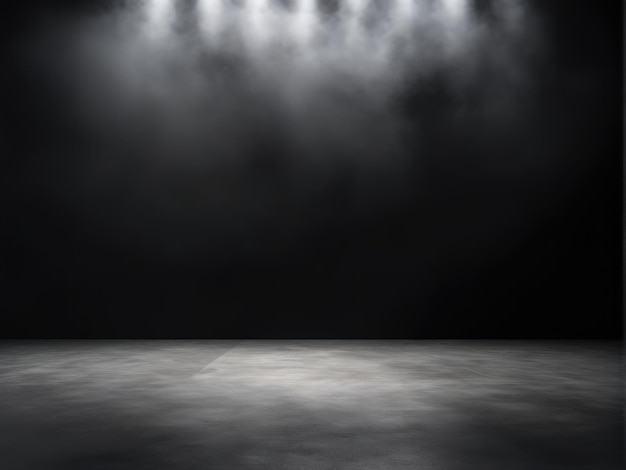 Donkere kamer betonnen vloer. Zwarte kamer of podium achtergrond voor product plaatsing. Panoramische uitzicht op de abstracte mist.