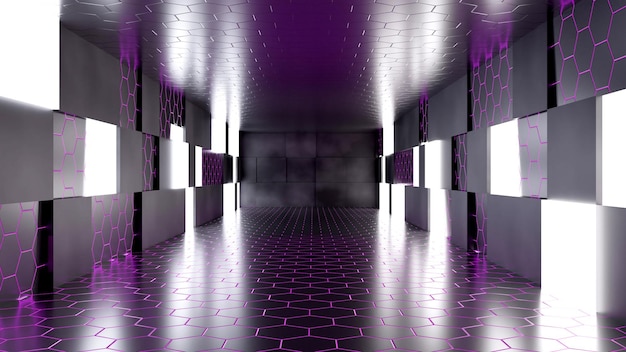 Donkere kamer moderne scifi met neonlichten 3D-rendering