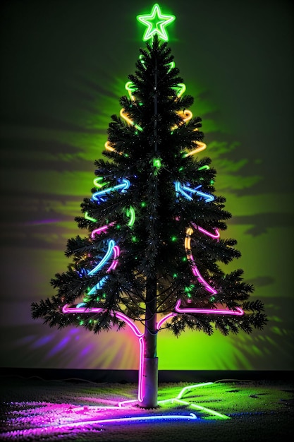 Donkere kerstboom verlicht met neonlichten op donkere achtergrondbehang Kerstbanner