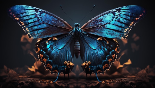 Donkere kleurrijke achtergrond diepblauwe kleur vlinder afbeelding Ai gegenereerde kunst