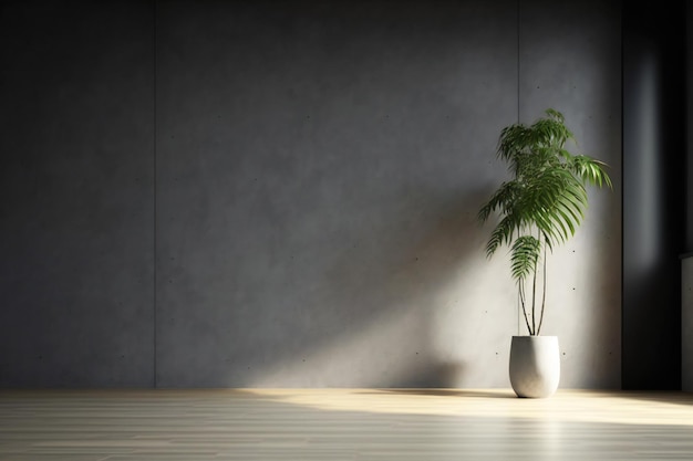 donkere lege kamer met plant in pot over betonnen muur en houten vloer achtergrond, 3D-rendering in mini