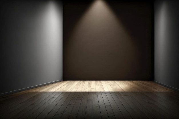 Donkere lege kamers met houten vloeren en dramatische verlichting die AI heeft gegenereerd