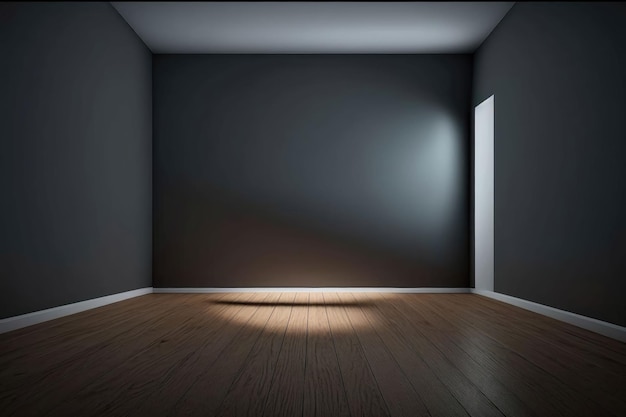 Donkere lege kamers met houten vloeren en dramatische verlichting die door AI wordt gegenereerd