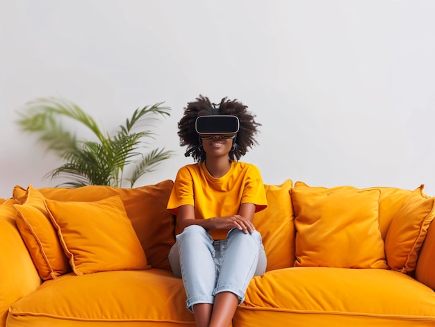 Donkere meisje op de bank met een virtual reality bril.