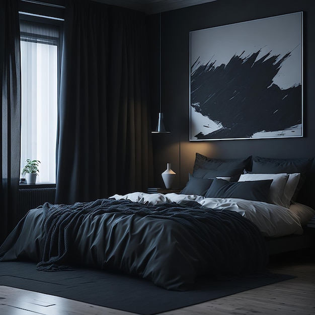 Foto donkere, moderne en artistieke slaapkamer.