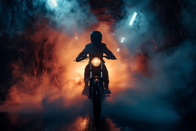 Donkere motorrijder in een rooktunnel