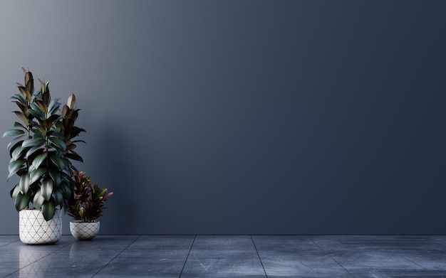 Foto donkere muur lege kamer met planten op een vloer, 3d-rendering