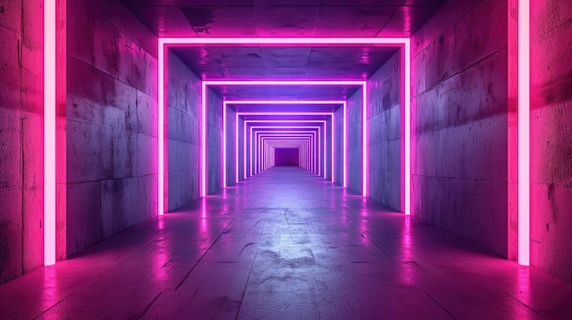 Donkere neon garage achtergrond in een moderne kamer of hal ondergrondse betonnen tunnel met rood led licht Concept van magazijninterieur
