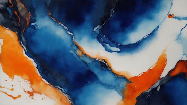 Donkere oranje en blauwe abstracte alcohol inkt schilderij achtergrond