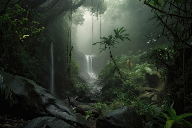 Donkere regenwoudjungle met verborgen waterval omgeven door mist
