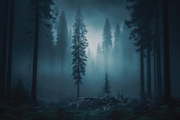 Donkere regenwoudzonnestralen door bomen met dichte mist digitale illustratie AI gegenereerd