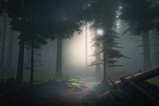 Donkere regenwoudzonnestralen door bomen met dichte mist digitale illustratie AI gegenereerd