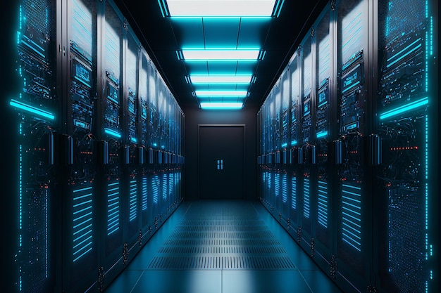 Donkere servers datacenterruimte met computers en opslagsystemen en blauwe gloeiende elementen