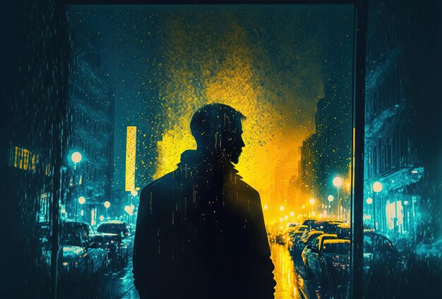 Donkere silhouetten van mensen regenreflecties in het natte glas Nachtstadsstraat verlicht door neonlicht 3D-rendering AI gegenereerd