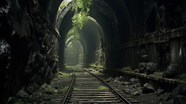 donkere tunnel overgroeid met groen