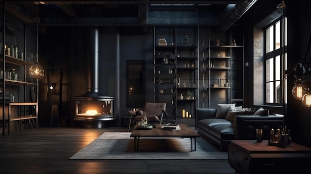 Donkere woonkamer loft met open haard industriële stijl Generatieve Ai